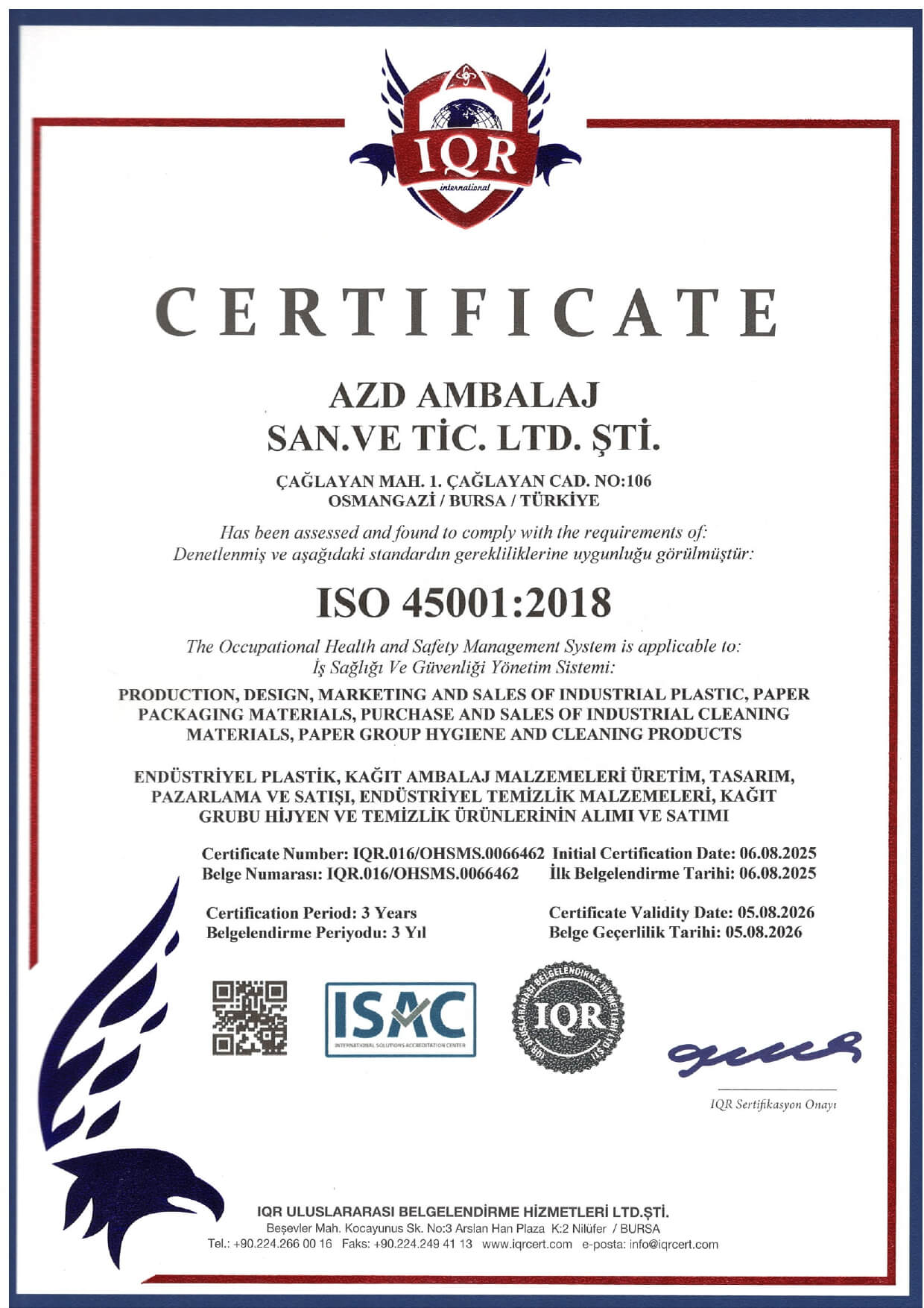 AZD Ambalaj ISO 45001:2018 İş Sağlığı ve Güvenliği sertifikası